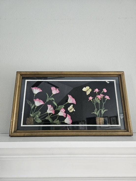 Other - Vintage Silk Floral And Butterfly Framed Shadowbox Display Case Art